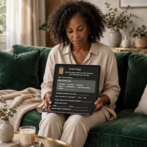 May include: A digital tablet displaying a Task Triage worksheet with fields for task avoidance, reasons like too big or boring, a smallest next step, a two-minute check, scheduling, and a reward section, all presented on a dark background.