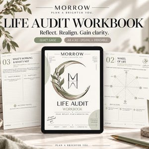 Op de afbeelding: Een digitaal Life Audit werkboek op een tabletscherm, geflankeerd door twee geprinte pagina's met een Wheel of Life diagram en reflectievragen. Het omslagontwerp bevat een halve maan afbeelding, het Morrow logo en saliegroene accenten.