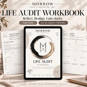 Op de afbeelding: Een digitale tablet toont de cover van het Morrow Life Audit Workbook met een zwart en beige penseelstreekcirkellogo. Achter de tablet zijn twee geprinte pagina's zichtbaar met een Wheel of Life-diagram en een What's Working & What's Not-sectie.