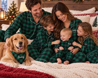 Custom Name Christmas Pajamas, Embroidered Matching Family Plaid Holiday Sleepwear