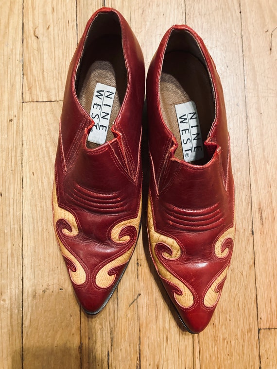 Vintage Nine West Red Leather Western Ankle Boots… - image 2