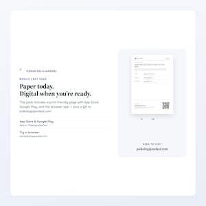 May include: A digital and print planner advertisement titled Psikolog Ajandasi. The text reads: Paper today. Digital when you're ready. It includes instructions for the App Store, Google Play, and browser access, plus a QR code to visit psikologajandasi.com.