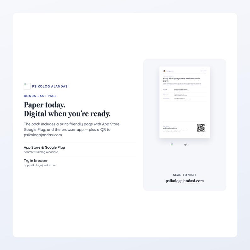 May include: A digital and print planner advertisement titled Psikolog Ajandasi. The text reads: Paper today. Digital when you're ready. It includes instructions for the App Store, Google Play, and browser access, plus a QR code to visit psikologajandasi.com.