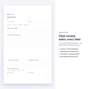 May include: A white clinical session record worksheet featuring sections for date, time, client code, and session number. It includes checkboxes for session type, lined areas for agenda and process notes, plus boxes for intervention, homework, and mood.