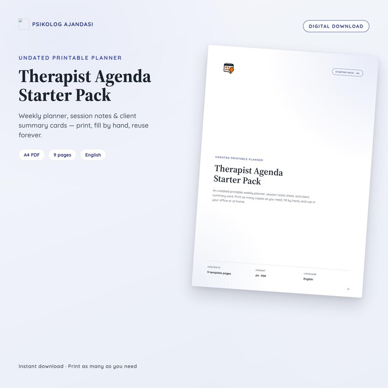May include: A digital download Therapist Agenda Starter Pack undated printable planner featuring a weekly planner, session notes, and client summary cards. The document is in A4 PDF format, contains 9 pages, and is written in English.