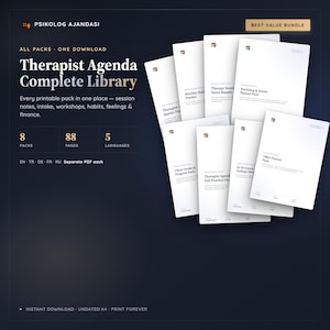 Może przedstawiać: Cyfrowy pakiet produktów zatytułowany Therapist Agenda Complete Library zawierający osiem pakietów do druku, 88 stron i pięć języków. Zestaw obejmuje notatki z sesji, formularze przyjęć, warsztaty oraz planery finansowe w formacie A4.