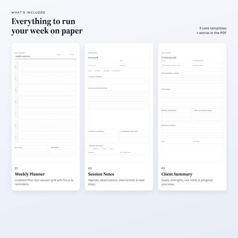 May include: Three white digital planner templates featuring dark blue text. The templates are labelled 01 Weekly Planner, 02 Session Notes, and 03 Client Summary. The text reads: What's included, Everything to run your week on paper, 3 core templates + extras in the PDF.