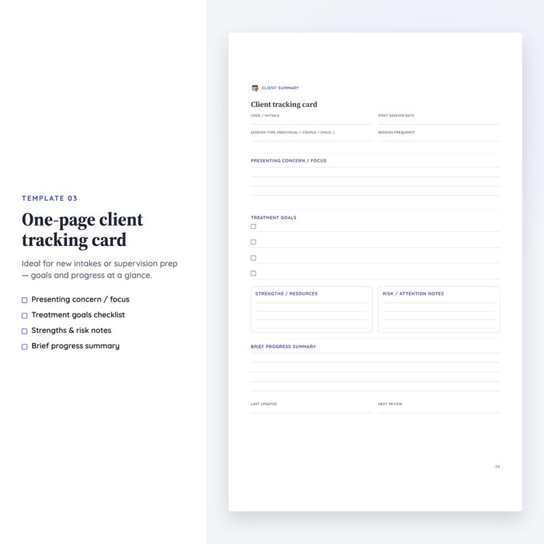 May include: A white one-page client tracking card template featuring sections for client summary, code, initials, session date, type, and frequency. It includes fields for presenting concern, treatment goals, strengths, resources, risk notes, and progress summary.