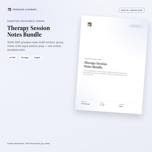 Könnte beinhalten: Ein digitales Download-Paket mit undatierten, druckbaren Therapie-Sitzungsnotizen, einschließlich Vorlagen für SOAP, DAP, Prozessnotizen, Kurzkontakt, Gruppensitzungen, Krisenprotokoll und Sitzungsvorbereitung. A4-PDF-Format, 10 Seiten, Englisch.