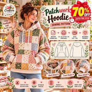 Może przedstawiać: Wykrój na bluzę z kapturem typu patchwork z wielokolorowym, pikowanym wzorem w kwiaty i kratę. Cyfrowy przewodnik zawiera techniczne rysunki przodu i tyłu oraz szczegółowe zbliżenia na kaptur, kieszeń i mankiety rękawów.