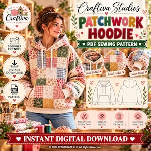 May include: A patchwork hoodie PDF sewing pattern by Craftiva Studios featuring a multi-colored floral and plaid square design. The image includes a technical line drawing of the hoodie, close-up details of the hood, pocket, and sleeve, and text labels.