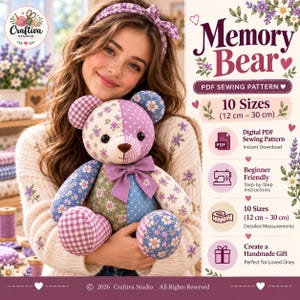 May include: A Memory Bear PDF sewing pattern featuring 10 sizes from 12 cm to 30 cm. The bear is crafted from patchwork fabric in purple, blue, and green floral and gingham patterns, accented with a solid purple bow tie and dark button eyes.