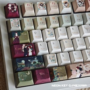 May include: A mechanical keyboard set featuring custom keycaps with a literary theme. The keys are cream, burgundy, and sage green, decorated with floral illustrations, silhouettes of figures in period clothing, and text including Austen and Scandal.