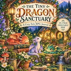 May include: A digital cover for The Tiny Dragon Sanctuary, a 35-page printable PDF solo RPG journal. The image features three small dragons in a garden setting with a stone building, a small waterfall, flowers, and a hanging lantern.