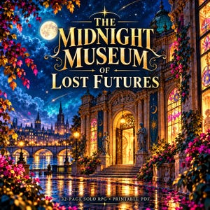 Op de afbeelding: Een digitale cover voor The Midnight Museum of Lost Futures, een 32-pagina tellende solo RPG als printbare PDF. De afbeelding toont een sierlijk gebouw met standbeelden, glas-in-lood en nachtelijke verlichting aan een rivier met een brug.