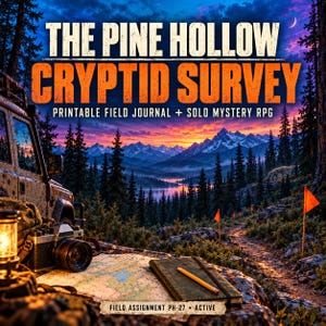 Könnte beinhalten: Ein druckbares Feldbuch und Solo-Mystery-Rollenspiel mit dem Titel THE PINE HOLLOW CRYPTID SURVEY. Das Bild zeigt eine Landschaft mit Bergen, Wald, See, Fahrzeug, Kamera, Karte, Stift und einem Notizbuch mit der Aufschrift FIELD ASSIGNMENT PH-27 ACTIVE.