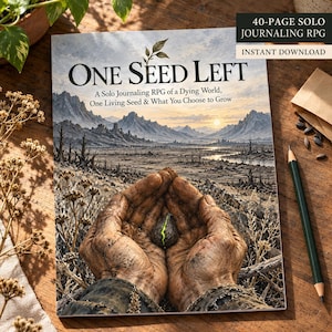 Op de afbeelding: Een 40-pagina tellend solo rollenspel genaamd One Seed Left, met een illustratie van verweerde handen die een gloeiend zaadje vasthouden in een desolaat landschap. De tekst op de cover luidt: A Solo Journaling RPG of a Dying World, One Living Seed & What You Choose to Grow. Directe download.