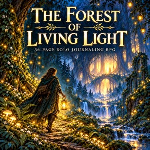 Könnte beinhalten: Ein 36-seitiges Solo-Rollenspiel-Buchcover mit dem Titel The Forest of Living Light. Die Illustration zeigt einen Reisenden mit einer Laterne, der durch einen leuchtenden, biolumineszenten Wald mit Wasserfällen, Steinbögen und weißen Blumen geht.