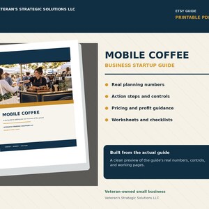May include: A digital document titled Mobile Coffee Business Startup Guide by Veteran's Strategic Solutions LLC. The printable PDF features a cover image of a mobile coffee cart, bulleted lists of planning steps, and a preview of working pages.