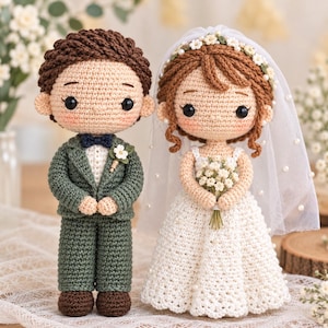 以下が含まれることがあります： 結婚式のカップルを模した2体の編みぐるみ人形。左側のフィギュアは茶色の髪で、ダークグリーンのスーツとネイビーブルーの蝶ネクタイを着用。右側のフィギュアは茶色の髪で、白いドレスとパールのついたベールを身につけ、小さな花束を持っている。