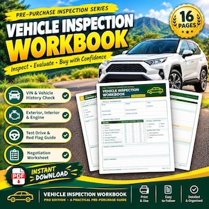 Op de afbeelding: Een 16-pagina tellend voertuiginspectie-werkboek met een witte SUV op de omslag. Het document bevat secties voor voertuighistorie, exterieur, interieur, motor, proefrit en een onderhandelingswerkblad voor kopers van voertuigen.