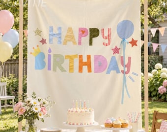 Sfondo personalizzato "Buon Compleanno", striscione di compleanno personalizzato, decorazioni per feste in tessuto patchwork, cartello di compleanno per bambini, sfondo con nome personalizzato