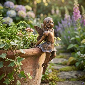 Op de afbeelding: Een bronskleurig elfenbeeldje met delicate vleugels, een bloemenhoofdband en een jurk versierd met kleine bloemetjes. Het figuurtje zit op de rand van een grote, verweerde terracotta pot, met de benen bungelend over de zijkant.