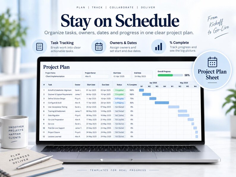 May include: A laptop screen displaying a project plan spreadsheet with columns for task, owner, start date, due date, status, and percentage complete. The screen shows a Gantt chart timeline, task tracking icons, and the text Stay on Schedule.