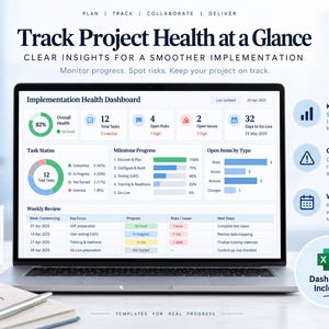 May include: A laptop screen displaying an Implementation Health Dashboard with project metrics, task status charts, milestone progress bars, and a weekly review table. The interface includes text headers like Track Project Health at a Glance.