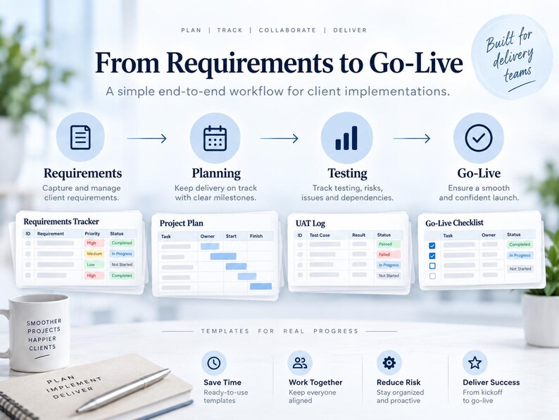 May include: An infographic titled From Requirements to Go-Live showing a workflow with four stages: Requirements, Planning, Testing, and Go-Live. It includes icons, descriptive text, and four sample document templates: Requirements Tracker, Project Plan, UAT Log, and Go-Live Checklist. A mug and notebook are visible at the bottom.