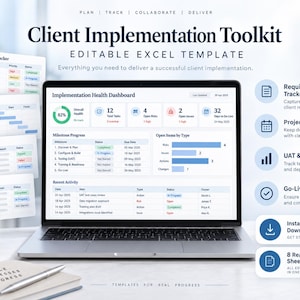 May include: A laptop displaying an Implementation Health Dashboard with charts and tables, surrounded by floating windows for a Requirements Tracker, Project Plan, UAT Log, and Go-Live Checklist, plus a mug and notebook on a desk.