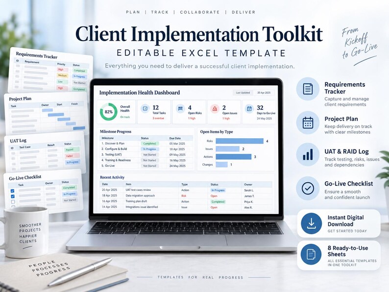 May include: A laptop displaying an Implementation Health Dashboard with charts and tables, surrounded by floating windows for a Requirements Tracker, Project Plan, UAT Log, and Go-Live Checklist, plus a mug and notebook on a desk.