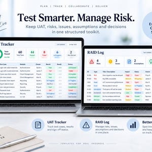 May include: Two laptops displaying UAT Tracker and RAID Log dashboards with data tables, status indicators, and progress metrics. A white mug with text and a notebook with a pen are placed on the desk. The screen text includes Test Smarter. Manage Risk.