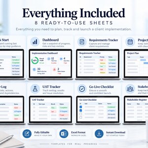 May include: A digital project management template set featuring eight ready-to-use sheets including a Quick Start Guide, Implementation Dashboard, Requirements Tracker, Project Plan, RAID Log, UAT Tracker, Go-Live Checklist, and Stakeholder Register.