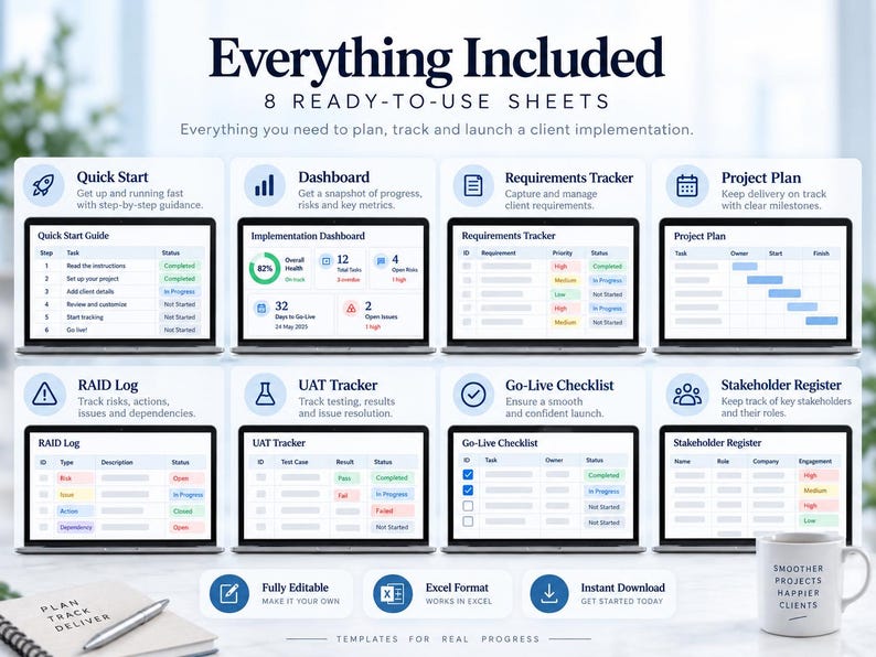 May include: A digital project management template set featuring eight ready-to-use sheets including a Quick Start Guide, Implementation Dashboard, Requirements Tracker, Project Plan, RAID Log, UAT Tracker, Go-Live Checklist, and Stakeholder Register.