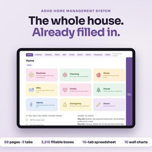 Carpeta de gestión del hogar para personas con TDAH, ya completada / Limpieza, comidas, facturas, familia, emergencias / PDF rellenable, iPad, hoja de cálculo y carteles murales