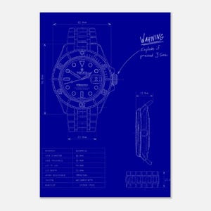 Könnte beinhalten: Ein blauer technischer Bauplan einer Armbanduhr mit Vorder- und Seitenansicht in weißen Linienzeichnungen und Text. Die Maße umfassen einen Gehäusedurchmesser von 41,0 mm, eine Dicke von 11,5 mm und den Warnhinweis: Explode if pressed 3 times.