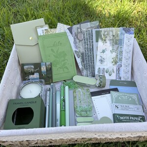 Peut inclure: Une collection d'articles de papeterie dans un panier blanc, comprenant un carnet vert étiqueté Lily, une boîte de bougie de voyage, divers stylos, du ruban adhésif washi, des blocs-notes et des autocollants décoratifs aux motifs botaniques et papillons.