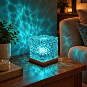 May include: A square-shaped table lamp featuring a textured, translucent blue glass cube housing an internal light source, mounted on a simple wooden base. The lamp casts a vibrant, rippling blue light pattern onto the surrounding wall.