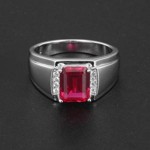 Emerald Cut Ruby Men's Ring, 14k White Gold Plated Pinky Ring, Pave Cubic Zirconia Band, Engagement Anniversary Gift