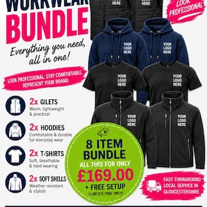 May include: A workwear bundle featuring two black zip-up gilets, two navy blue hoodies, two black t-shirts, and two black soft-shell jackets. The text includes LIMITED TIME OFFER, WORKWEAR BUNDLE, 8 ITEM BUNDLE, and MH COLOURFUL CREATIONS.