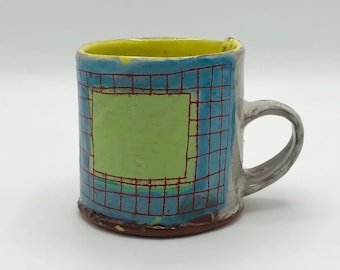 Red grid mug, hand made mug, colorful ceramics, handmade pottery, modern mug, minimalism design, grid pattern