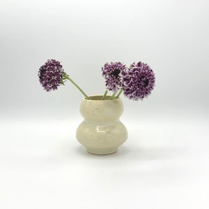 May include: A white ceramic vase with a rounded, bulbous shape and a speckled texture. The vase is filled with purple flowers.