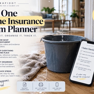 Puede incluir: El documento digital The One Home Insurance Claim Planner presenta texto, un cubo gris que recoge agua y un teléfono inteligente con una lista de verificación de reclamaciones. El diseño incluye secciones para documentar pruebas y realizar el seguimiento de siniestros.