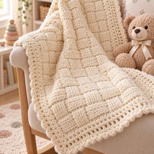 May include: A cream-colored, chunky knit blanket featuring a basketweave pattern with a decorative scalloped border. The blanket is draped over a light-colored rocking chair, with a small brown teddy bear sitting on the seat next to it.