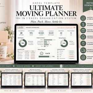 Pode incluir: Um modelo digital de Excel para planeamento de mudanças exibido num ecrã de portátil, com um painel de controlo que mostra o progresso de tarefas, orçamento, inventário de caixas e alterações de morada, rodeado por caixas.