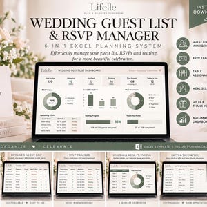 Op de afbeelding: Een digitaal Excel-sjabloon voor bruiloftsgastenlijsten en RSVP-beheer op een laptopscherm. Het dashboard bevat datavisualisaties voor gastenaantallen, maaltijdkeuzes en zitplaatsplanning. Bevat zes planningsmodules.