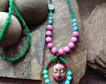 Dance of the Cosmos • Candy Jade, Czech Glass, Artisan Made Polymer Clay Pendants • Long Boho Style Necklace • Pink, Purple, Blue, Green