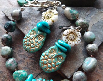 Chrysocolla and Turquoise Modern Boho Bracelet with Free Czech Glass Owl Earrings • Fall Jewelry • Jewelry Set