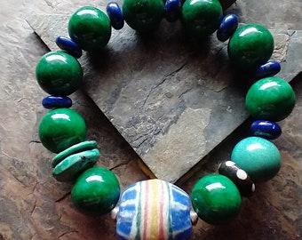Colorful Bohemian Bracelet • African Recycled Glass, Turquoise, Maw Sit Sit, Lapis • Chunky Statement Bracelet